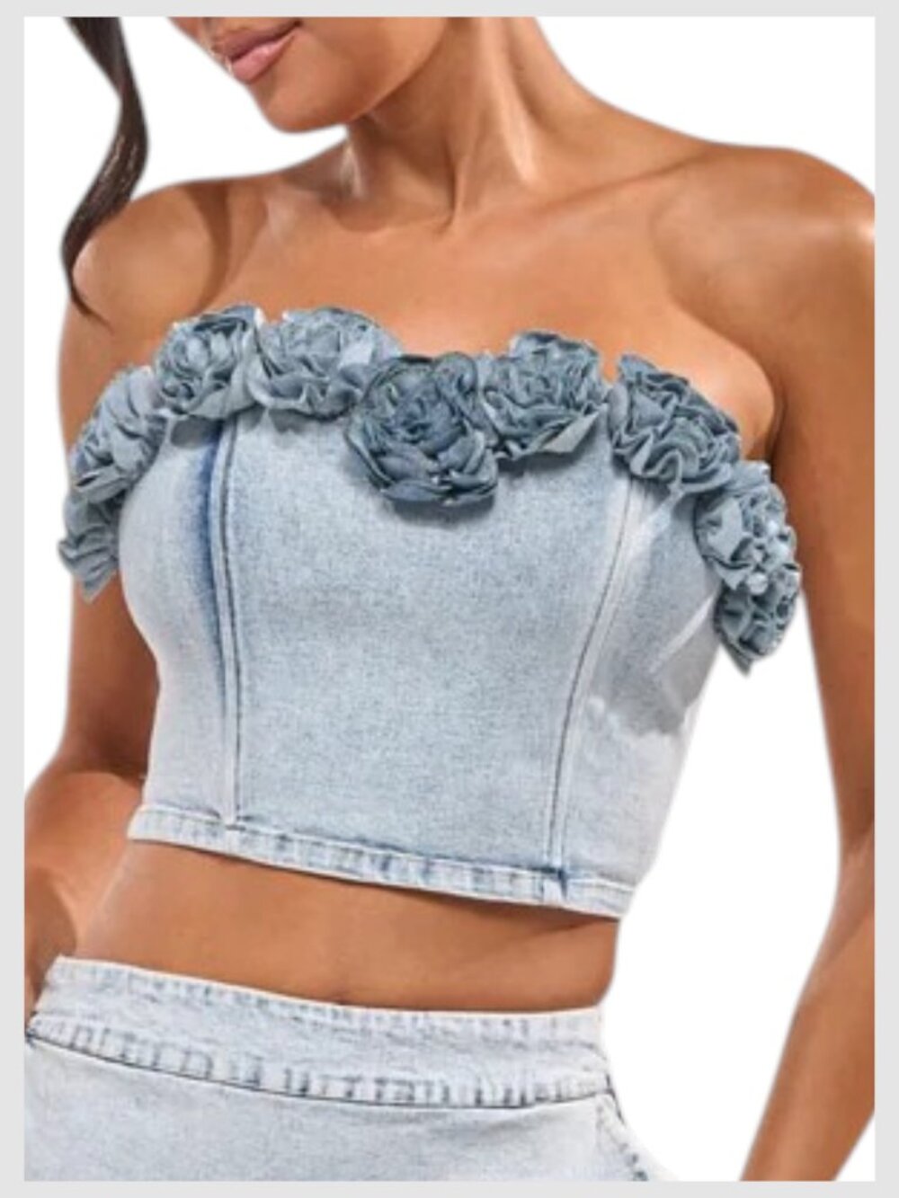 AKIRA Denim Corset Crop Top Light Blue Strapless 3D Rosette M